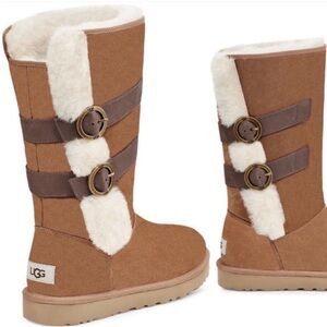 UGG Chestnut & Cream Shearling Mid-Calf Buckle Boots